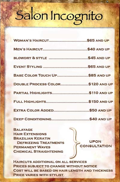 Salon Incognito pricelist San Clemente Hair salon